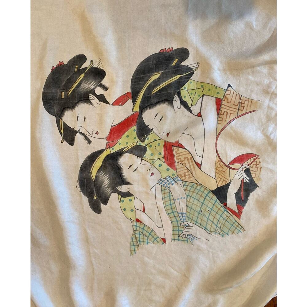 Women’s Vintage White Silk Scarf Rectangular Round Corners Geisha Design Asian - Picture 2 of 4